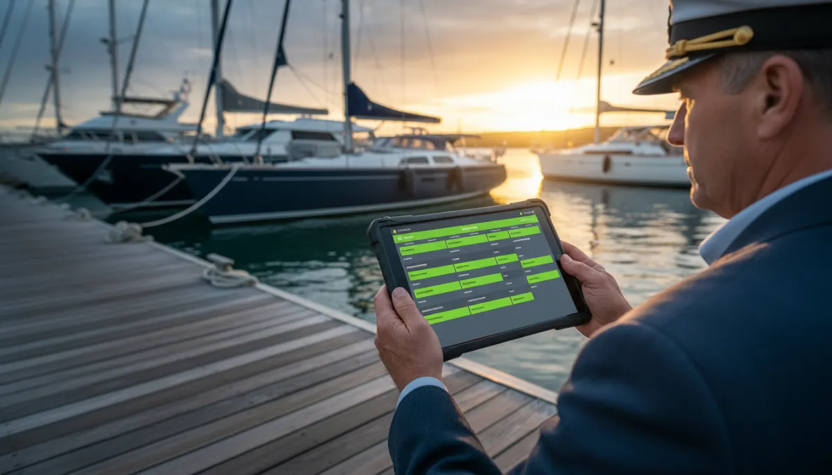 Unified charter booking calendar displayed on a tablet at the dock
