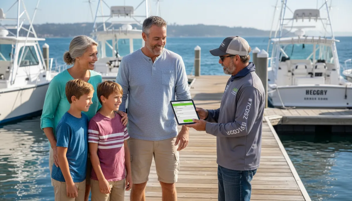 Walk-up guests at dock while captain adds their booking into unified calendar