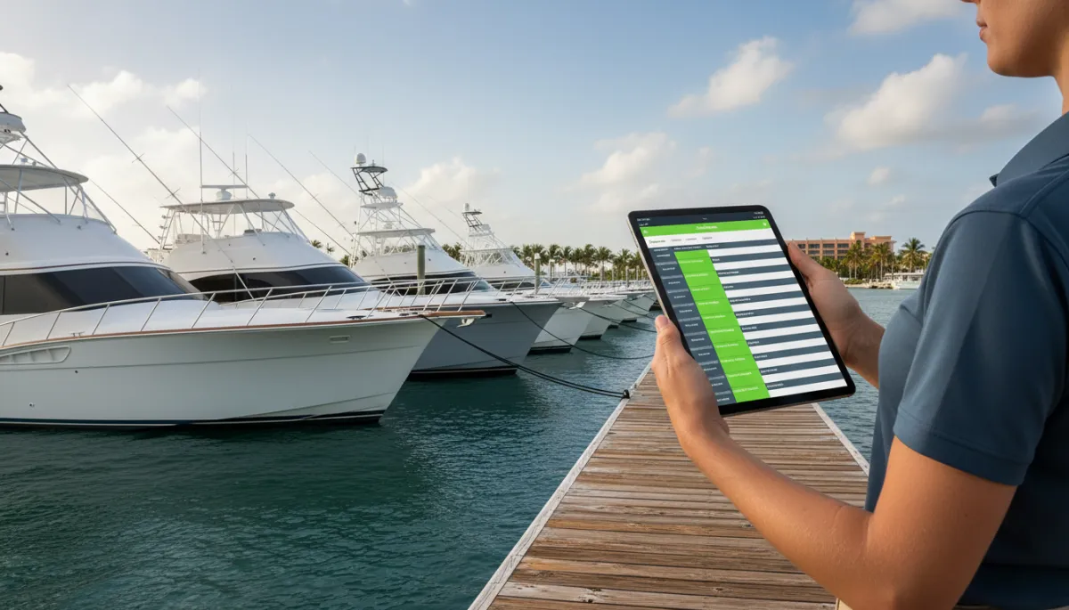Charter fleet schedule for multiple boats displayed on a tablet at the dock Charter fleet schedule for multiple boats displayed on a tablet at the dock