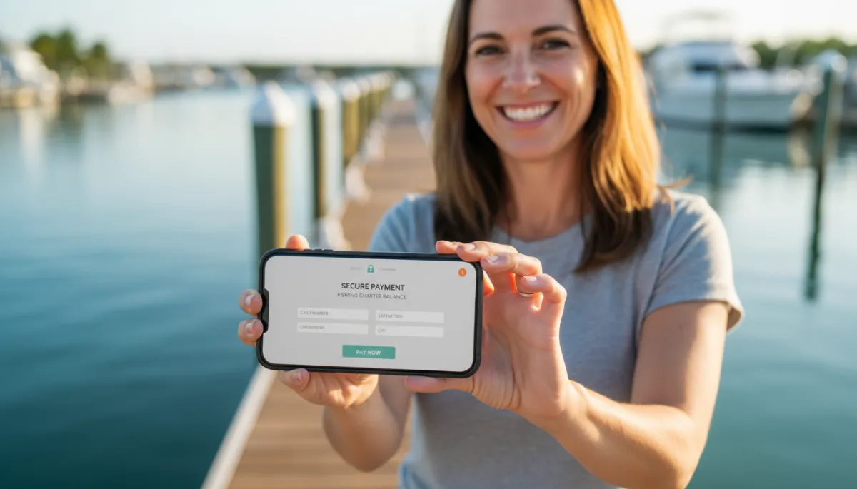 Guest paying remaining fishing charter balance on smartphone Guest paying remaining fishing charter balance on smartphone