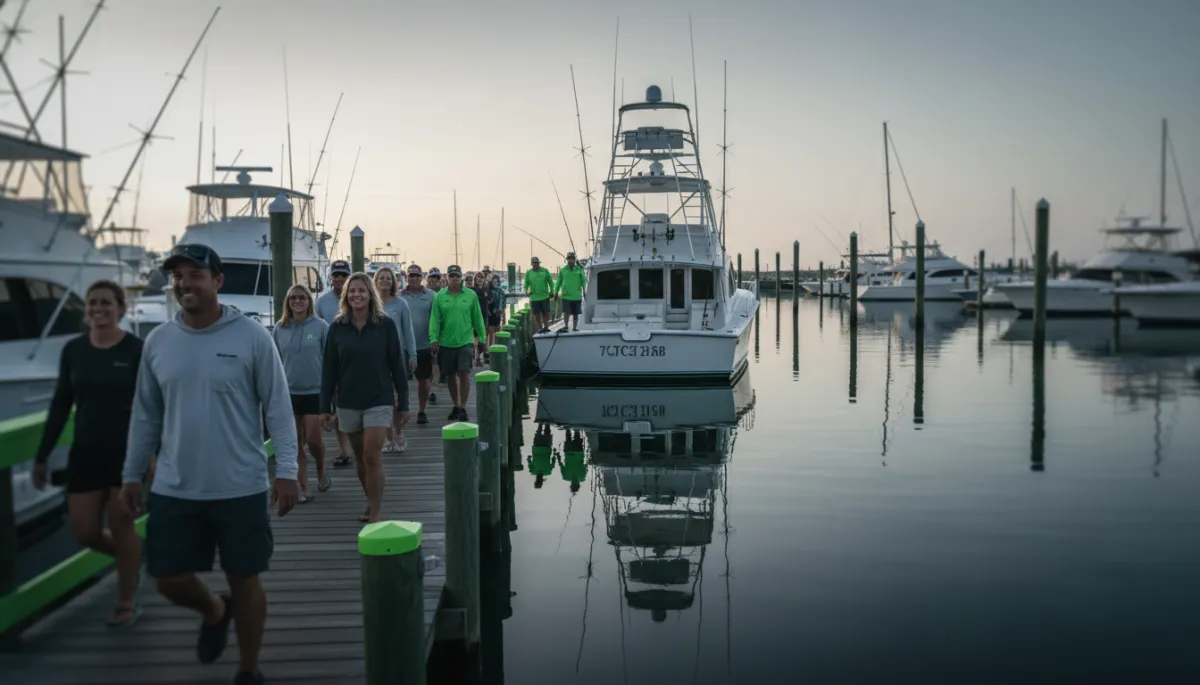 Fishing charter guests arriving at the marina dock at sunrise Fishing charter guests arriving at the marina dock at sunrise