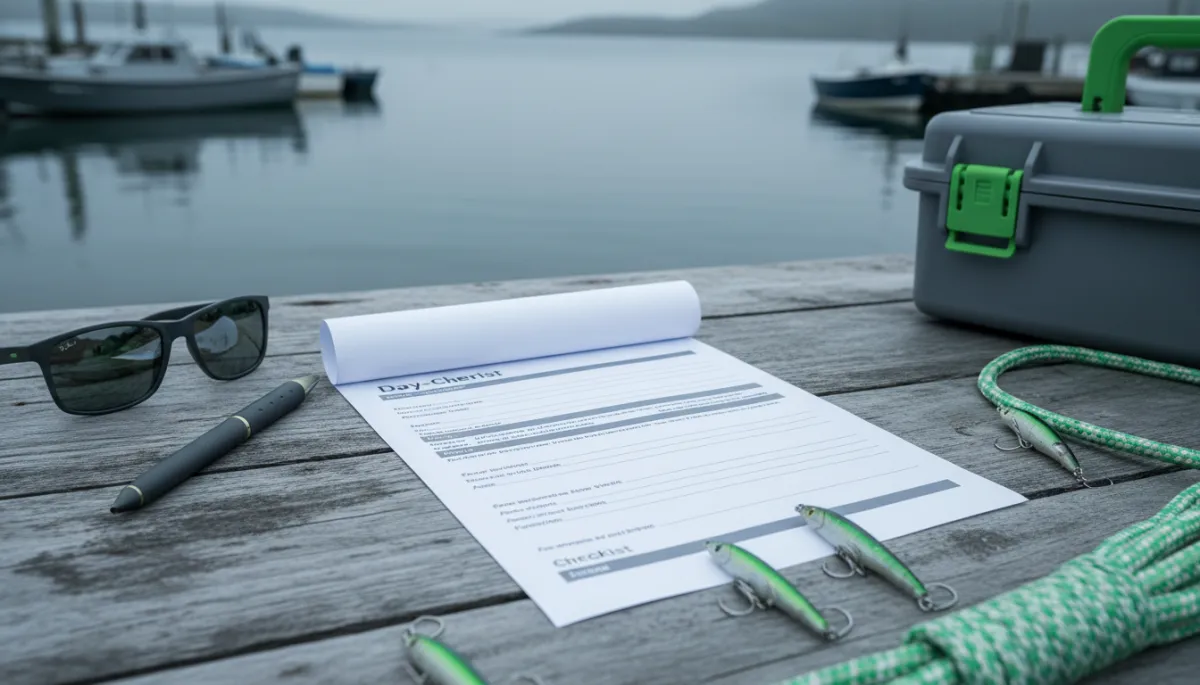 Day-before fishing charter preparation checklist on a dock table Day-before fishing charter preparation checklist on a dock table