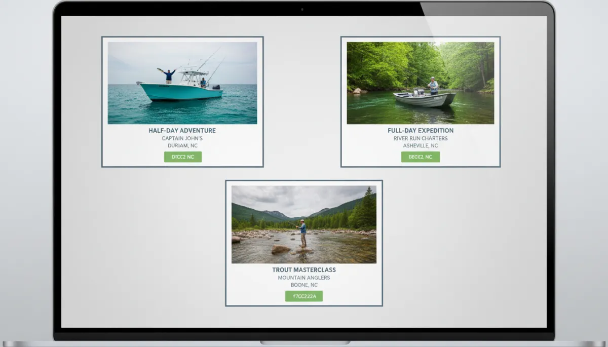Fishing charter trip comparison cards displayed on a laptop screen