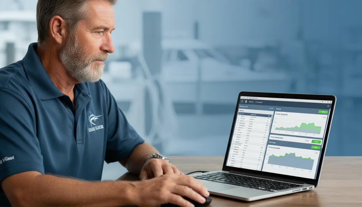 Fishing charter captain reviewing guest email list and booking dashboard on laptop