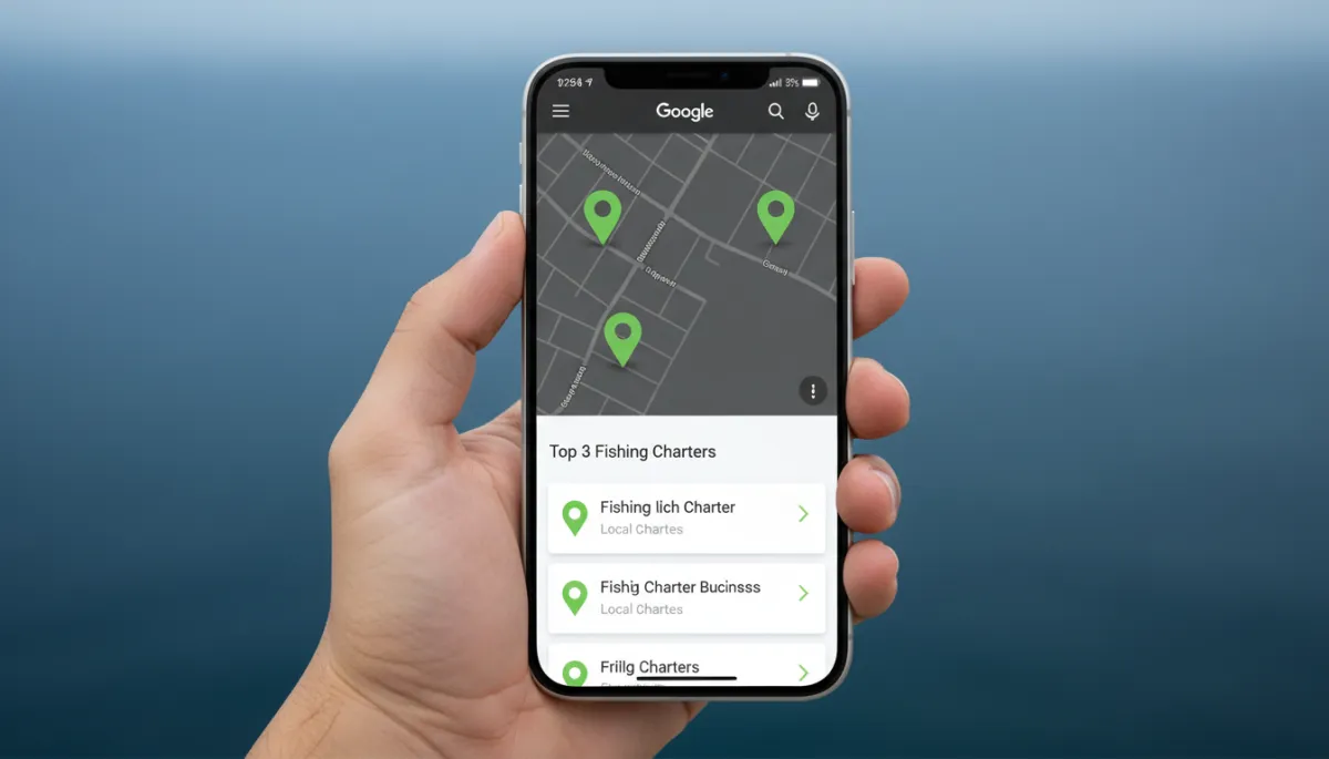 Google Maps local search results for nearby fishing charters on a smartphone