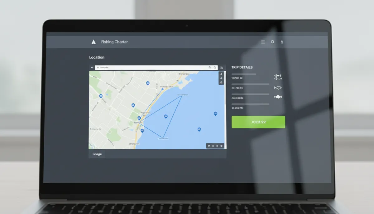Fishing charter website location page with map and booking details