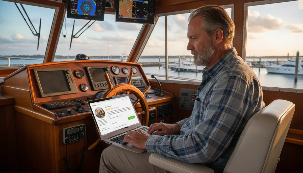Charter captain responding to a Google review from a laptop on the boat
