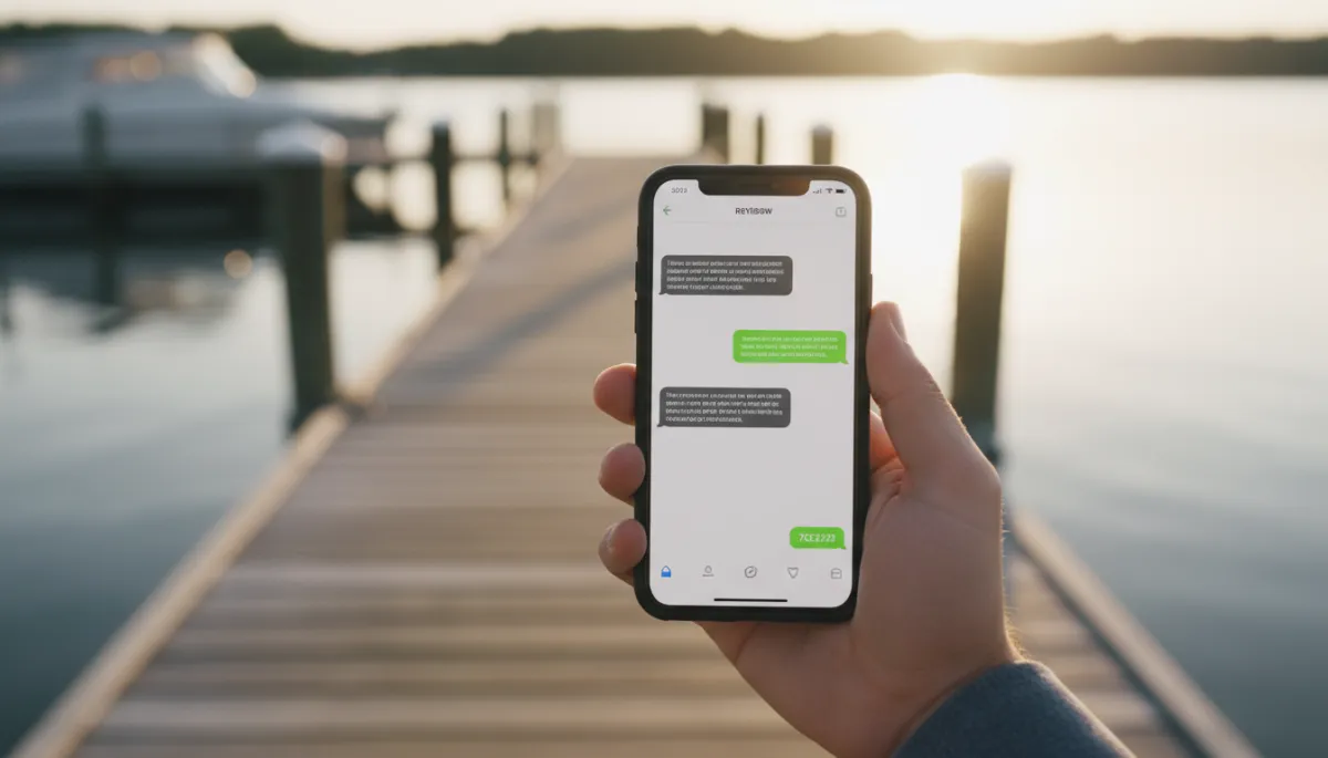 Phone screen showing a charter review request text message