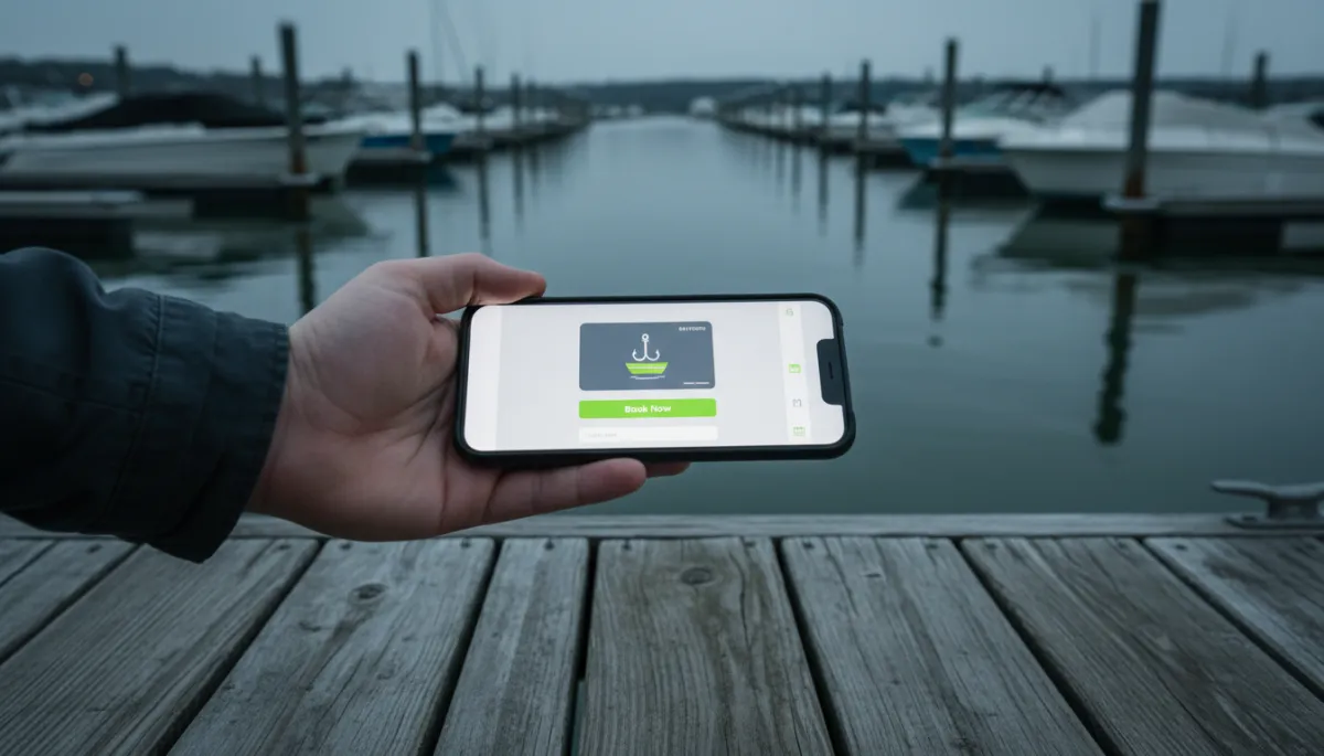Phone displaying a fishing charter gift card booking page