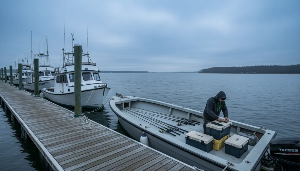 Captain preparing fishing gear on a charter boat in an empty off-season marina