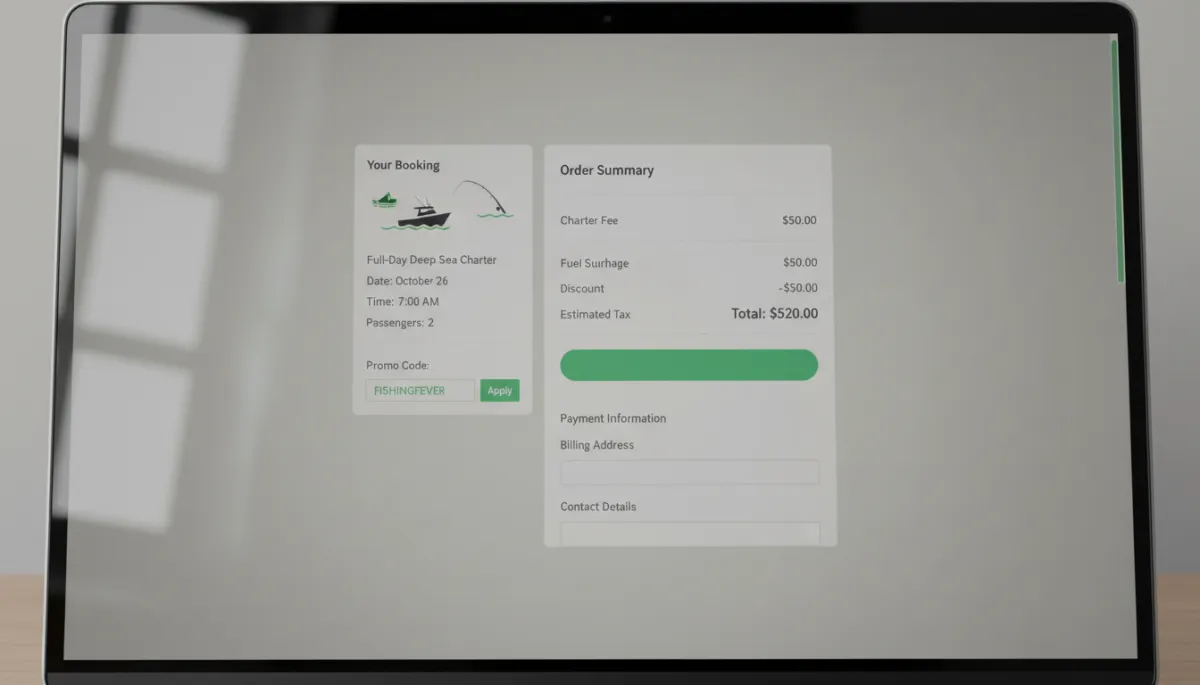 Online checkout screen showing promo code applied to a fishing charter booking