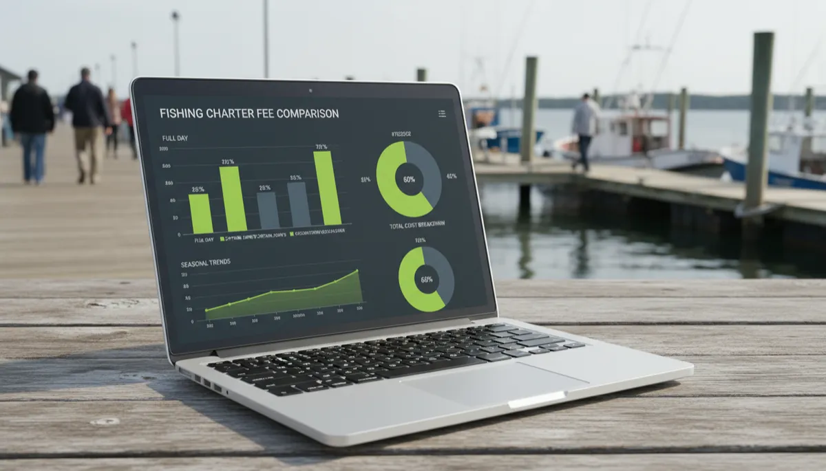 Laptop showing a fishing charter booking fee comparison dashboard