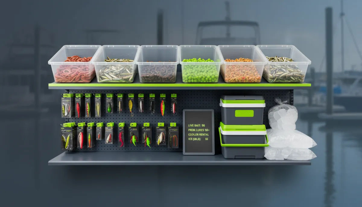 Bait and tackle add-ons neatly displayed with clear pricing at a marina