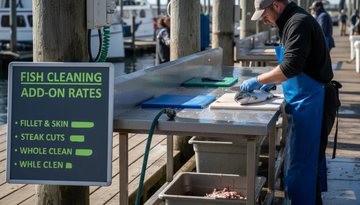 Crew member cleaning guest catches at a dockside fish cleaning station with posted prices