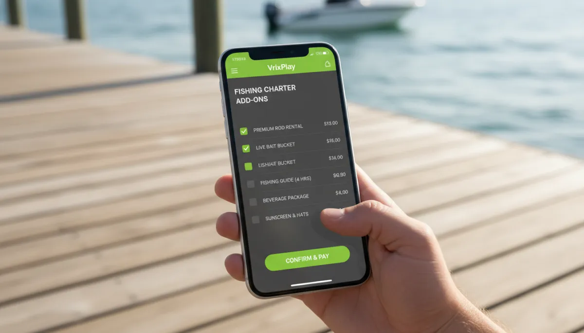 Charter guest reviewing fishing charter add-on options on a mobile checkout screen