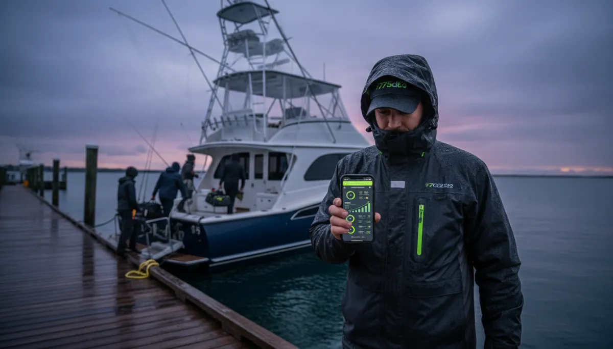 Charter captain reviewing booking metrics on a smartphone at the dock