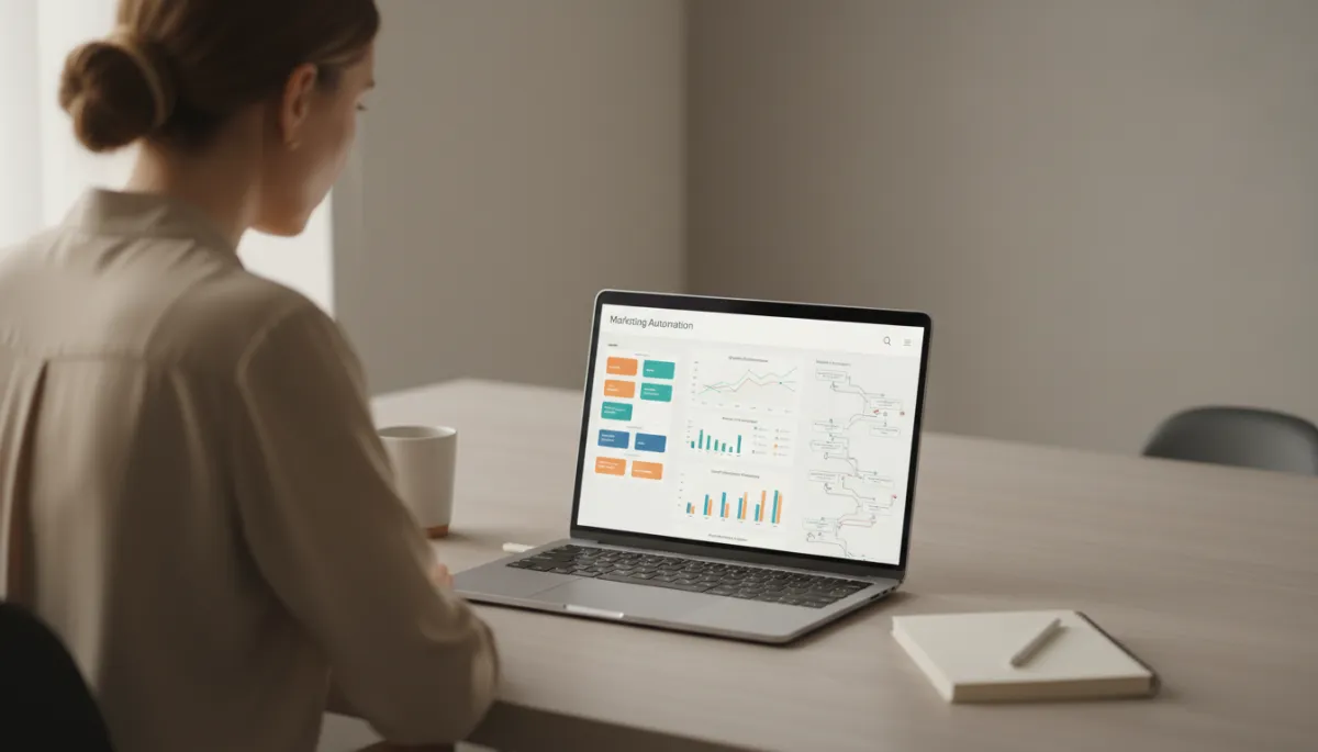 Marketer analyzing segmented audiences and automation performance on a laptop dashboard Marketer analyzing segmented audiences and automation performance on a laptop dashboard