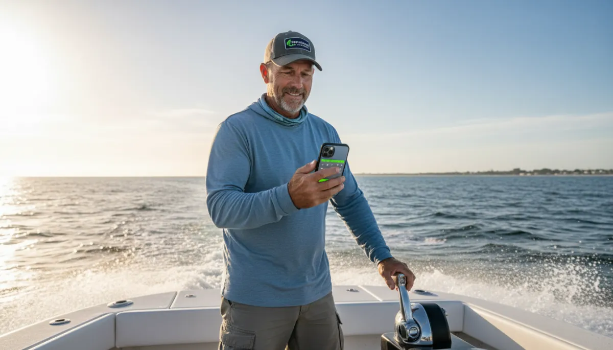 Charter captain reviewing online bookings on a smartphone while on the water