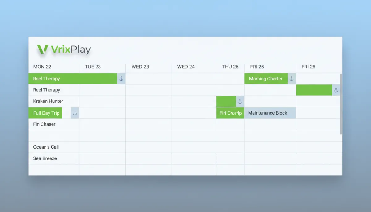 Fleet charter booking calendar showing multiple boats with assigned trips and unified availability