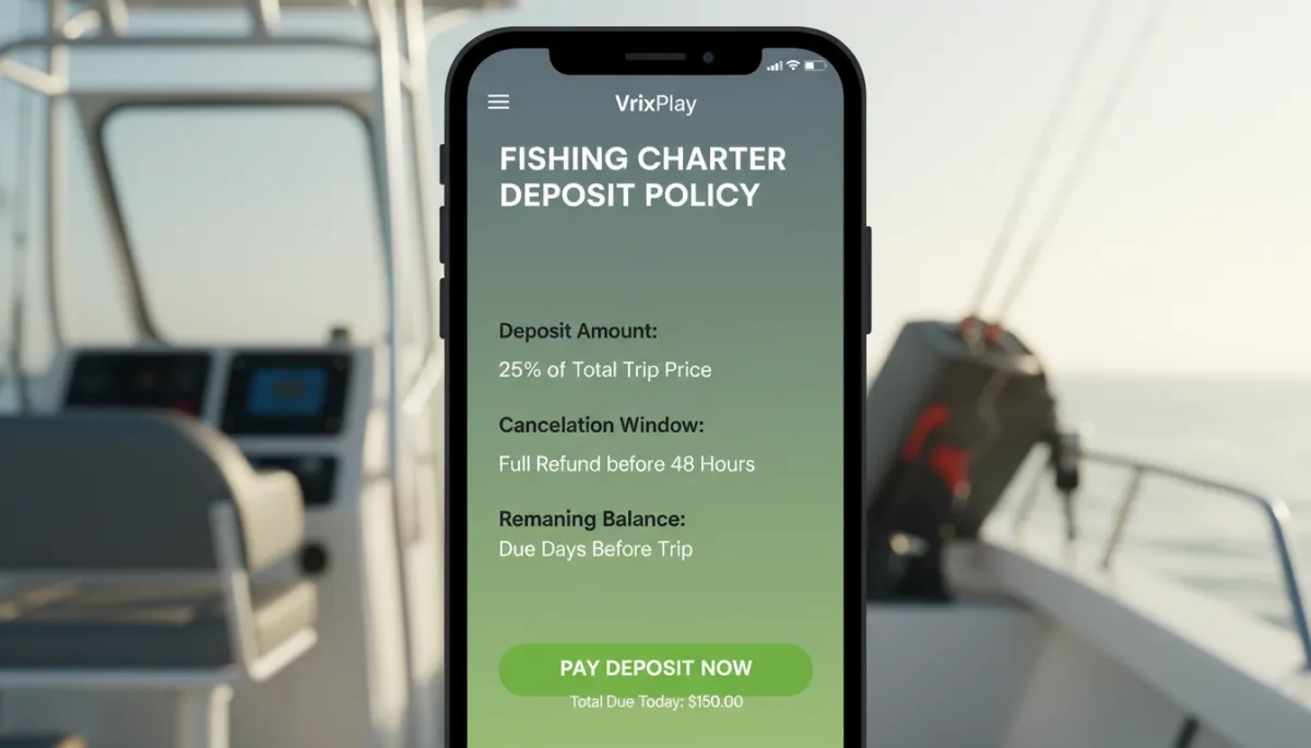 Online fishing charter deposit checkout showing payment fields and trip summary
