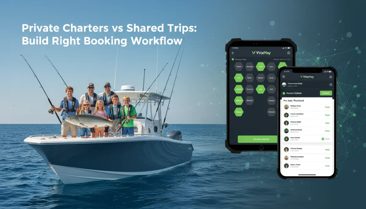 Private charter boat with a family group and a shared trip seat selection screen