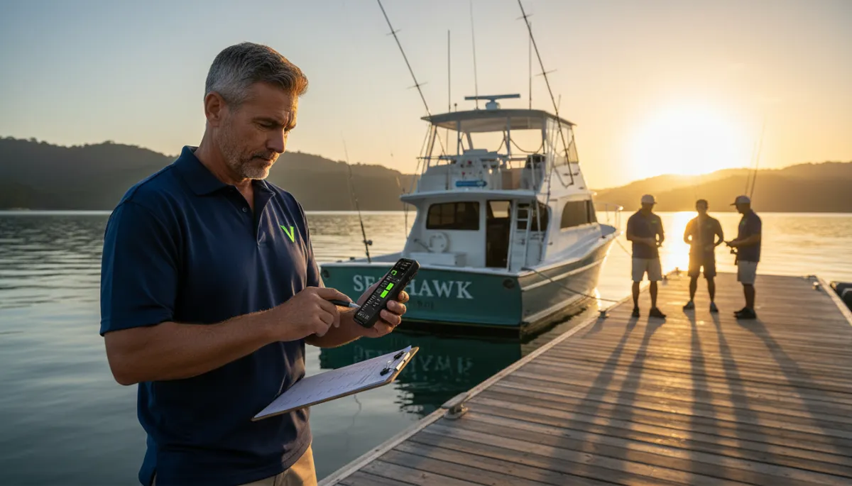 Captain reviewing a digital passenger manifest on a smartphone at the marina before departure