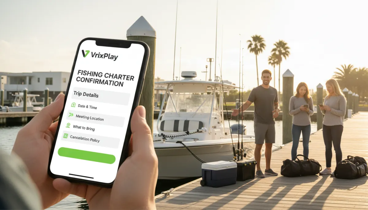 Fishing charter booking confirmation email displayed on a smartphone with trip details