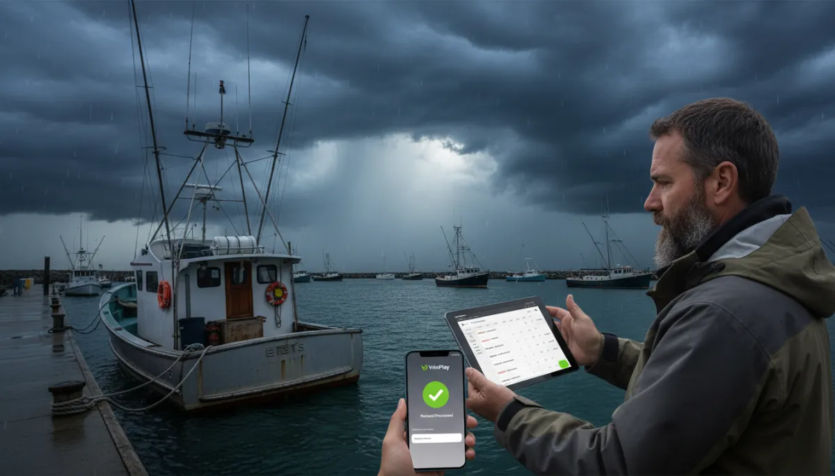 Storm clouds over a marina with a fishing charter captain reviewing the reschedule calendar on a tablet