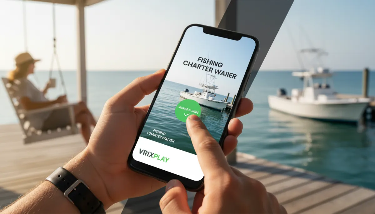 Guest signing a digital fishing charter waiver on a smartphone before the trip