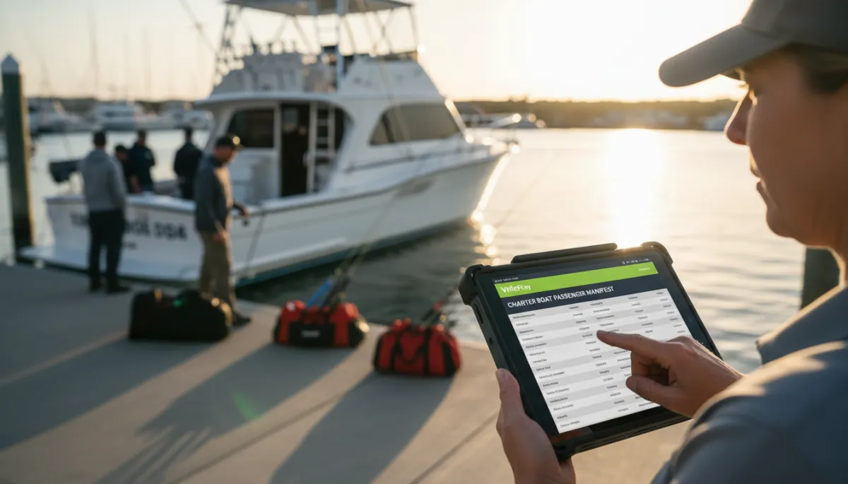 Captain reviewing a charter boat passenger manifest on a smartphone at the dock before departure