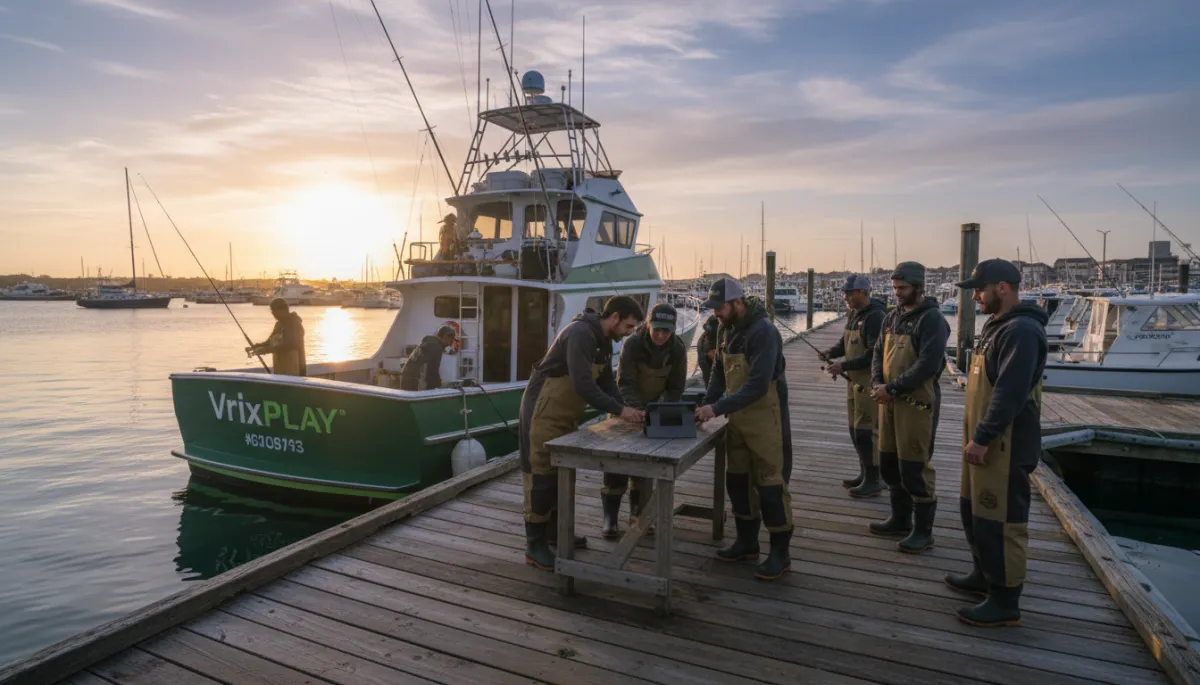 Fishing charter crew members gathered at the dock at dawn reviewing the morning schedule