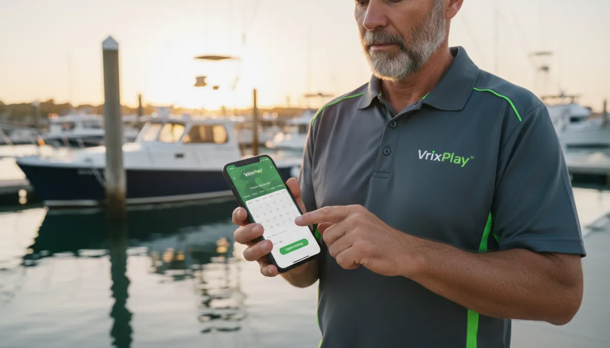 Charter captain entering a phone booking into a unified fishing charter booking calendar on a mobile device