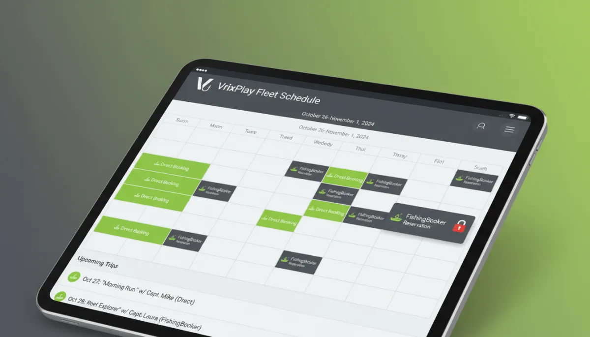 Unified fishing charter fleet dashboard showing FishingBooker and direct bookings in one calendar view