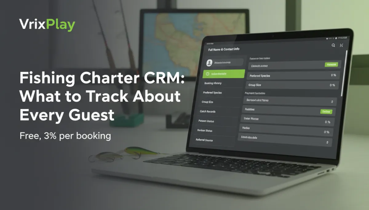 Fishing charter customer record open on a laptop CRM dashboard