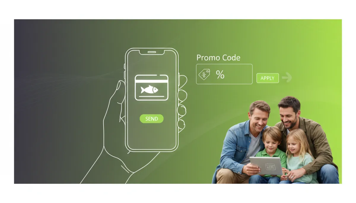 Gift card and promo code checkout screen on a laptop for a fishing charter