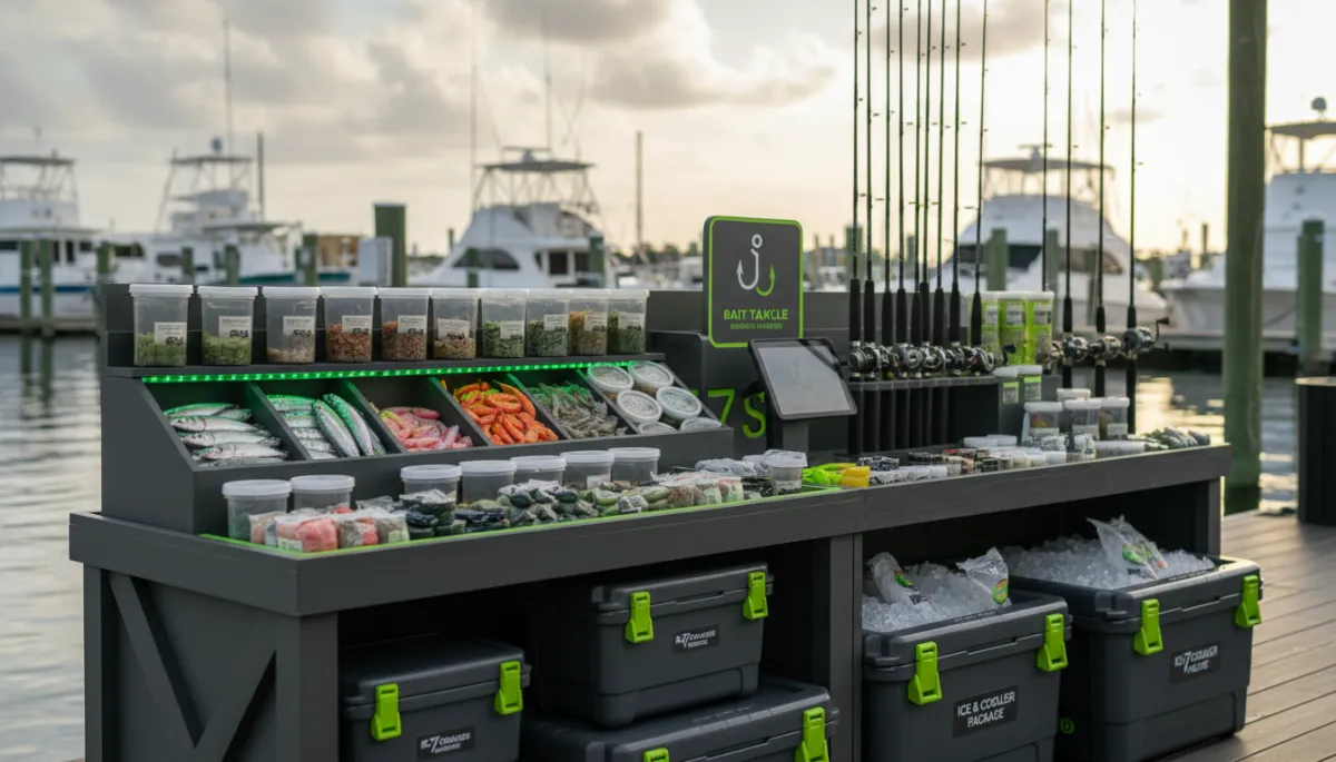 Bait and tackle add-on display at a marina counter
