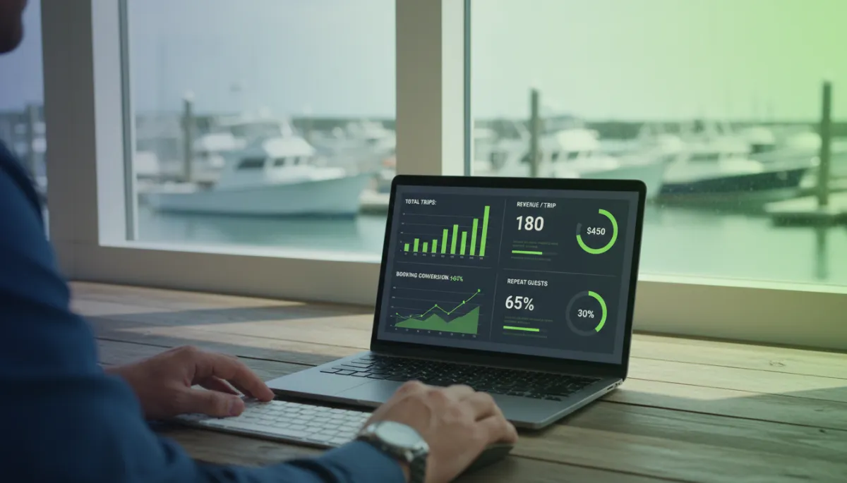 Charter revenue dashboard on a laptop showing booking KPIs at the marina