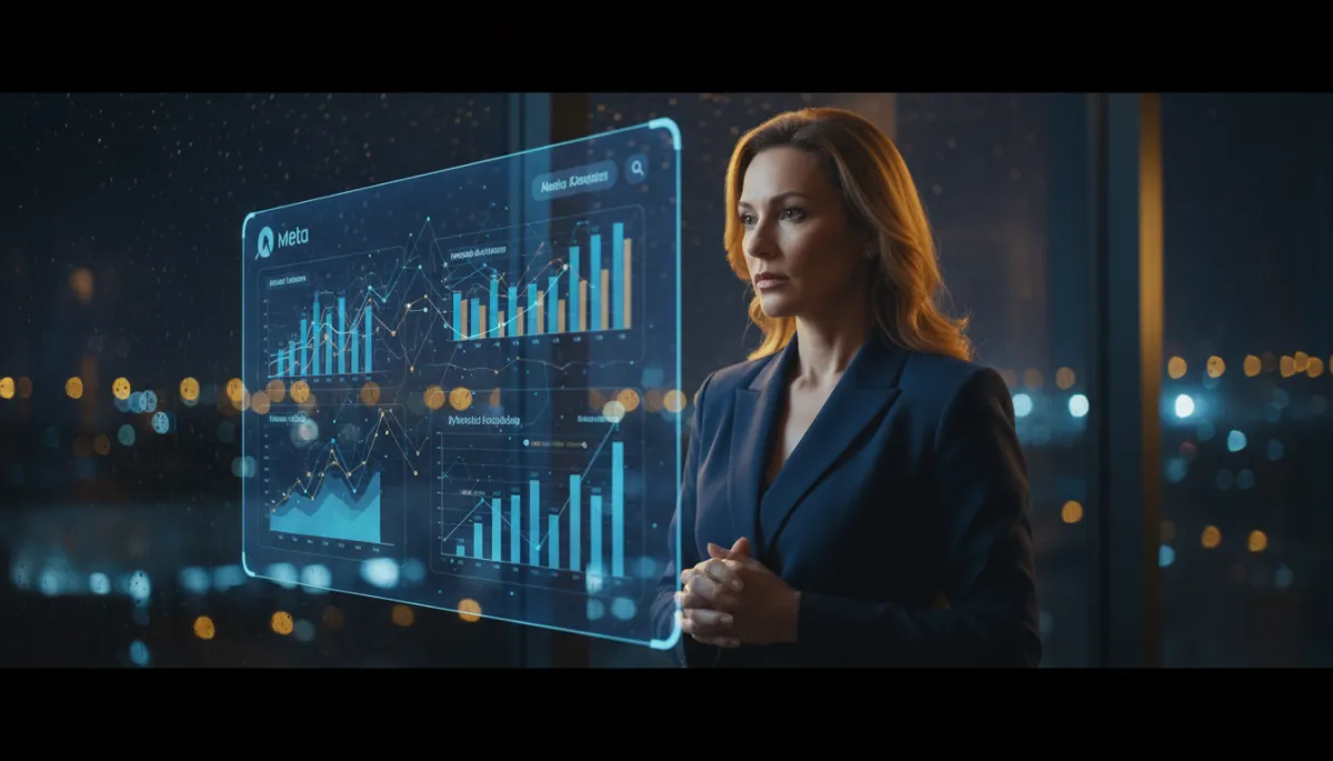 hero cinematográfica oscura de una directora de clínica estética mirando una pantalla con panel de anuncios de Meta, luz tenue azul y dorada, fondo de ciudad desenfocada de noche, sensación de decisión y enfoque profesional