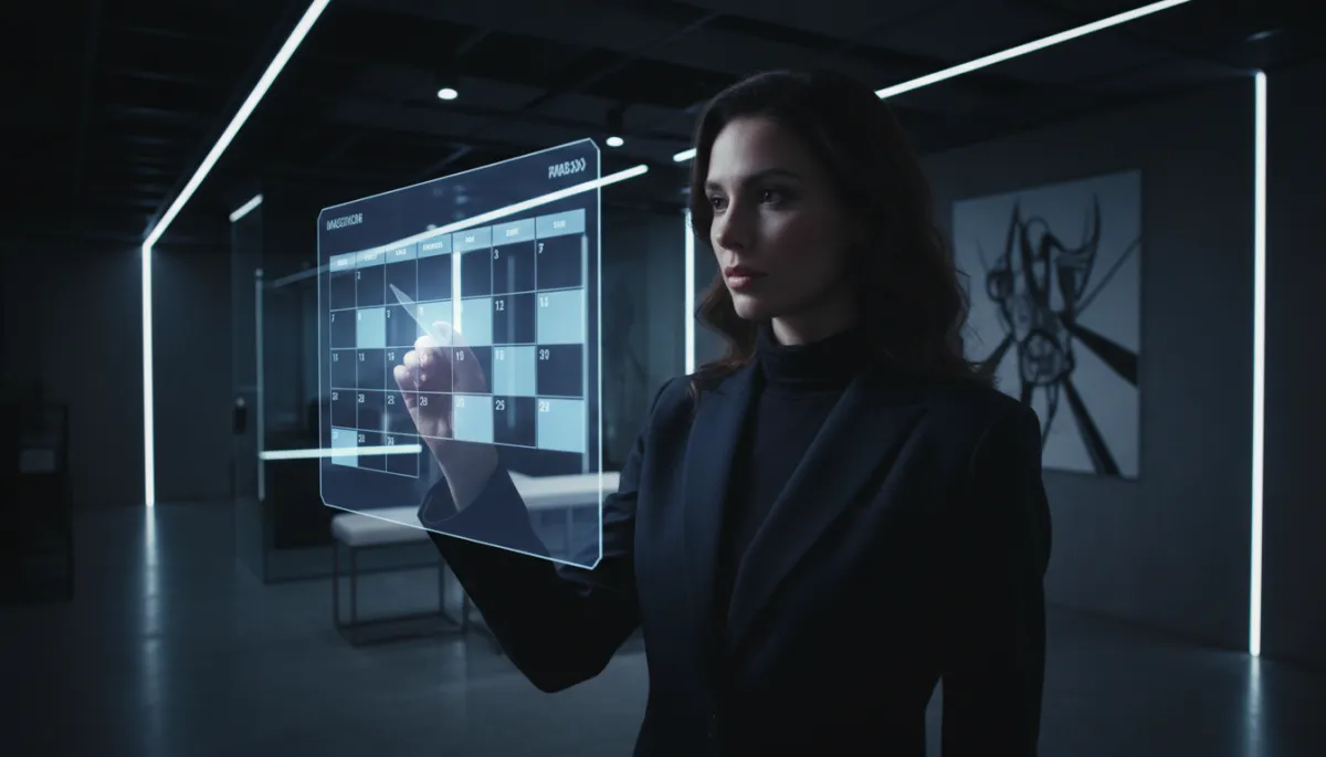 directora de clínica estética mirando una agenda digital con bloques de turnos iluminados de forma uniforme a lo largo del mes, consultorio moderno en penumbra, luces frías y sombras marcadas, estilo fotográfico hero cinematográfica oscura