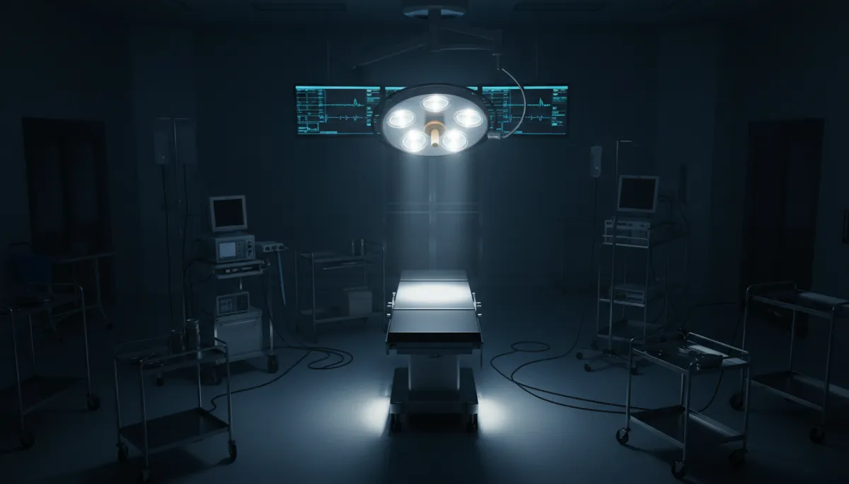 escena hero cinematográfica oscura de quirófano moderno visto desde arriba, luz focal sobre una camilla vacía, monitores encendidos al fondo, reflejos metálicos suaves, ambiente elegante y dramático sin personas