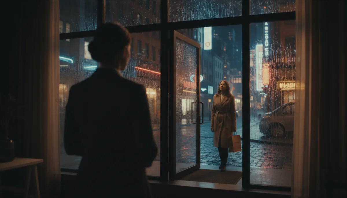 escena cinematográfica oscura de una coordinadora de clínica estética observando por la ventana mientras el reflejo muestra a una paciente saliendo hacia la calle, luces de ciudad de noche, tono neutro y dramático