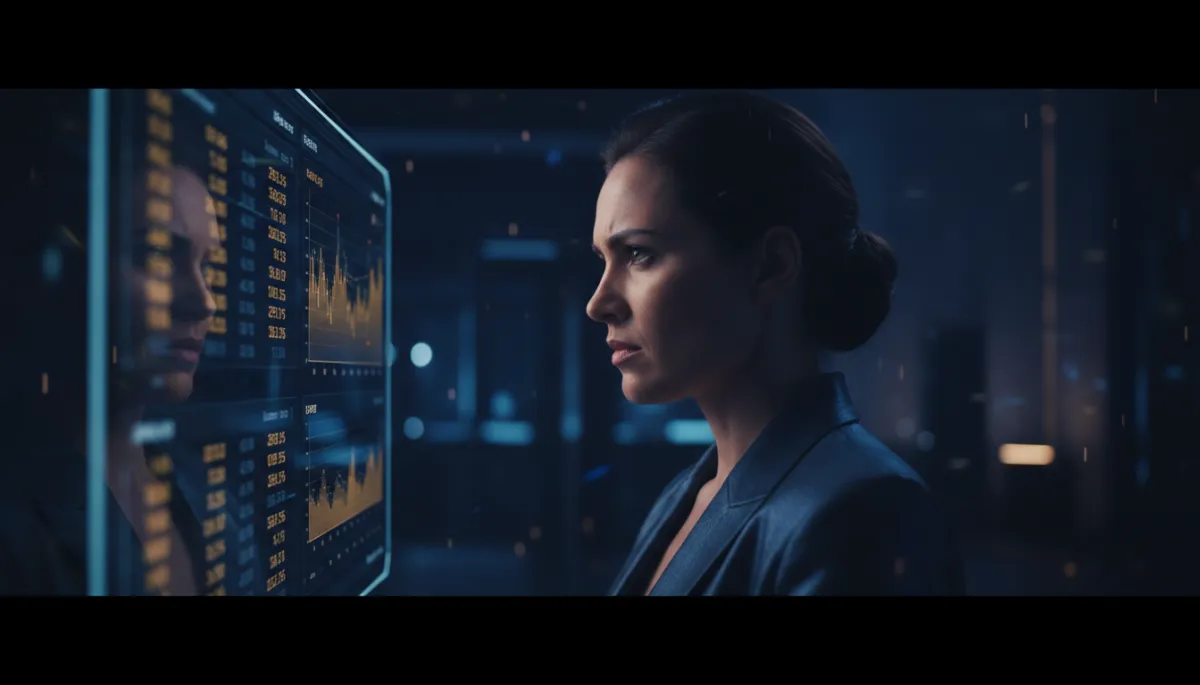 directora de clínica estética observando de noche un panel de métricas de facturación en una pantalla grande, luces bajas, reflejos en el vidrio, atmósfera hero cinematográfica oscura, foco en su rostro concentrado y los números en tonos dorado y azul profundo