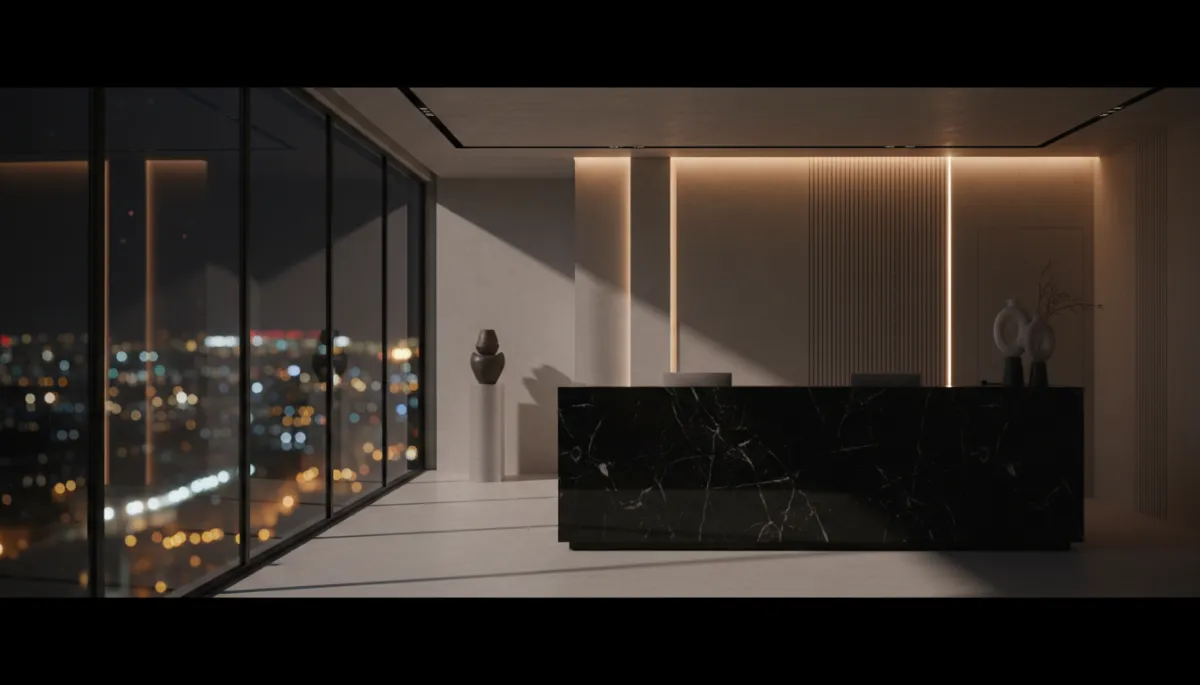 hero cinematic dark moody photography of a luxury aesthetic clinic reception at night, soft side lighting, marble desk, minimalist neutral decor, out-of-focus city lights through glass wall, no people, no text on image