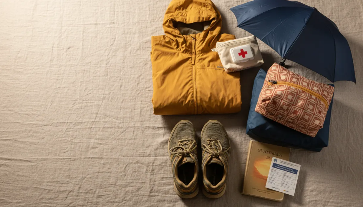 Flat-lay of organized travel essentials for a trip to Antigua Guatemala