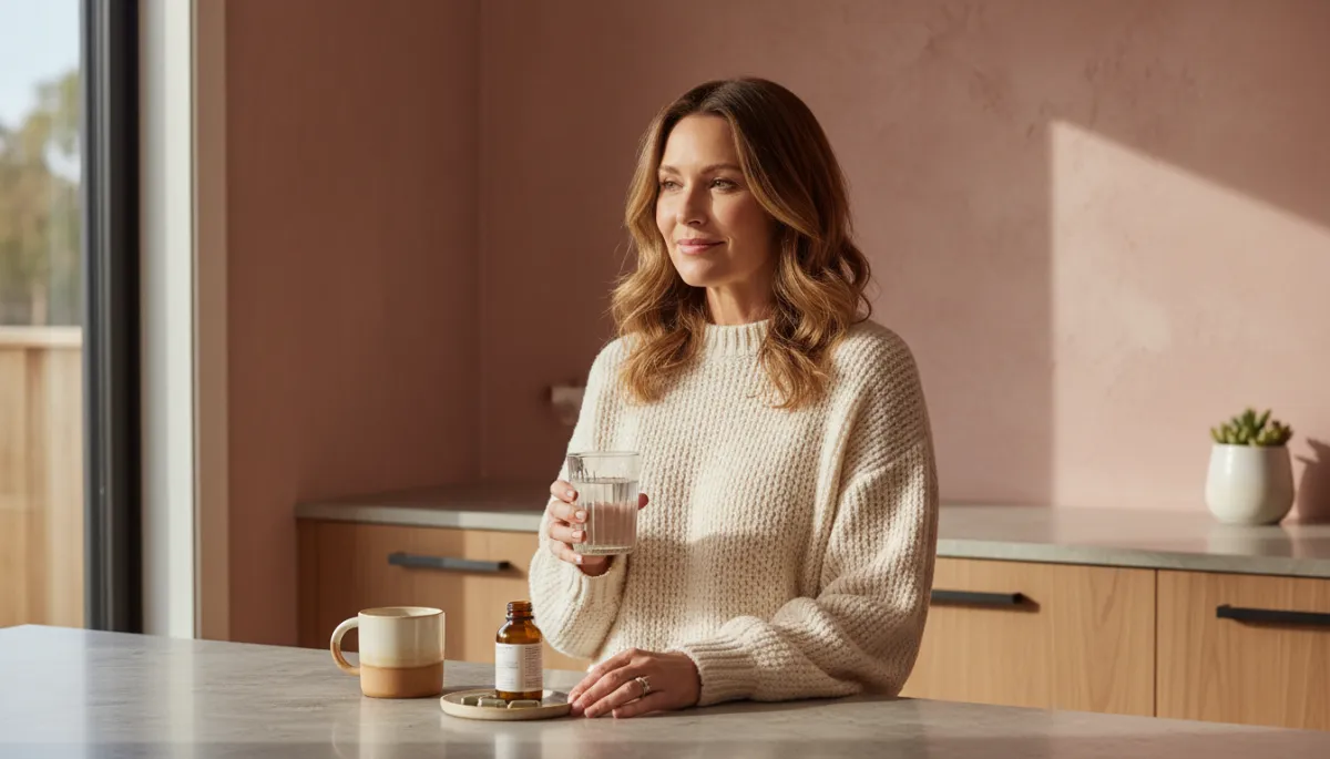 Midlife woman holding a glass of water, considering supportive care for hormonal health