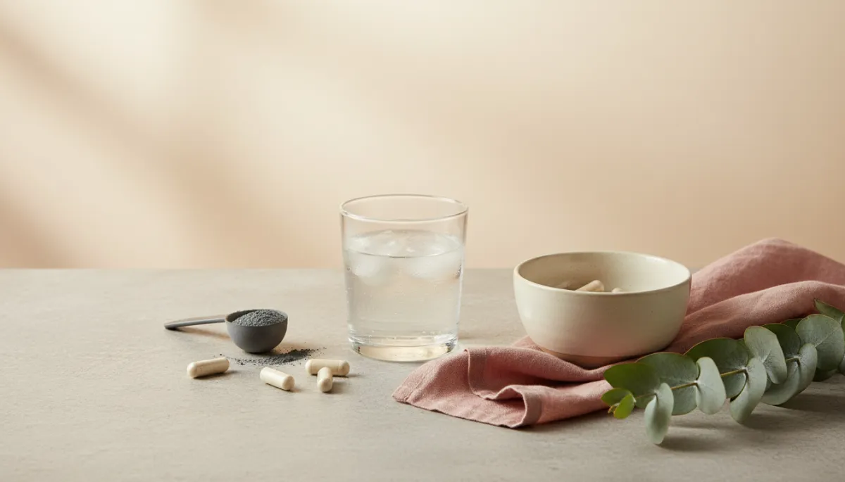 Probiotic supplements and water arranged calmly on a stone benchtop