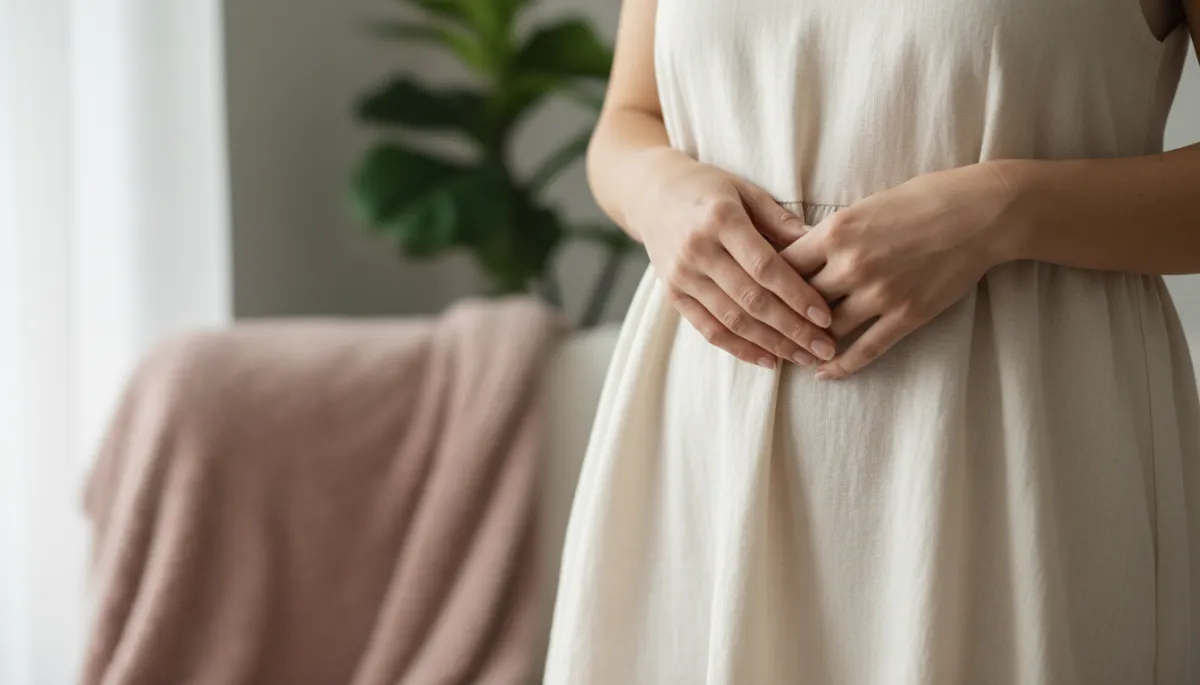 Woman resting her hands on her lower abdomen in a calm home setting