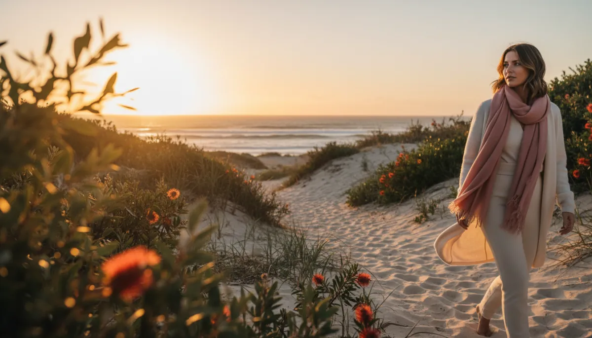 Australian woman walking along a coastal path at sunset, looking ahead calmly