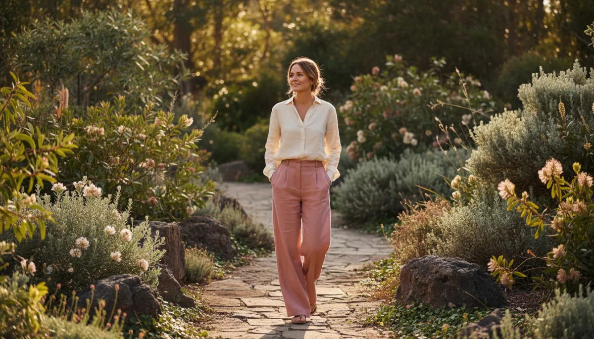 Warm editorial lifestyle photography of a relaxed woman walking through a sunlit garden with native Australian plants, wearing soft neutral clothing in cream and dusty rose, gentle smile suggesting relief and confidence, stone pathway and greenery creating a calm atmosphere Warm editorial lifestyle photography of a relaxed woman walking through a sunlit garden with native Australian plants, wearing soft neutral clothing in cream and dusty rose, gentle smile suggesting relief and confidence, stone pathway and greenery creating a calm atmosphere