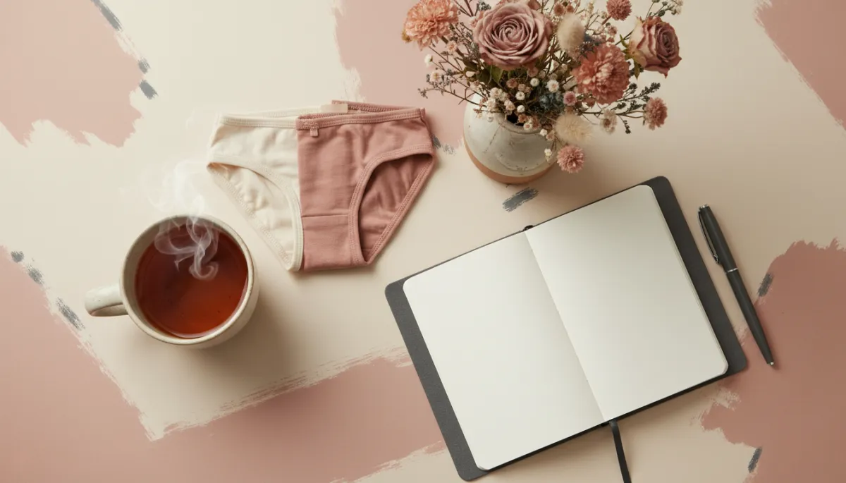 Flat lay of gentle self-care items for women over 40